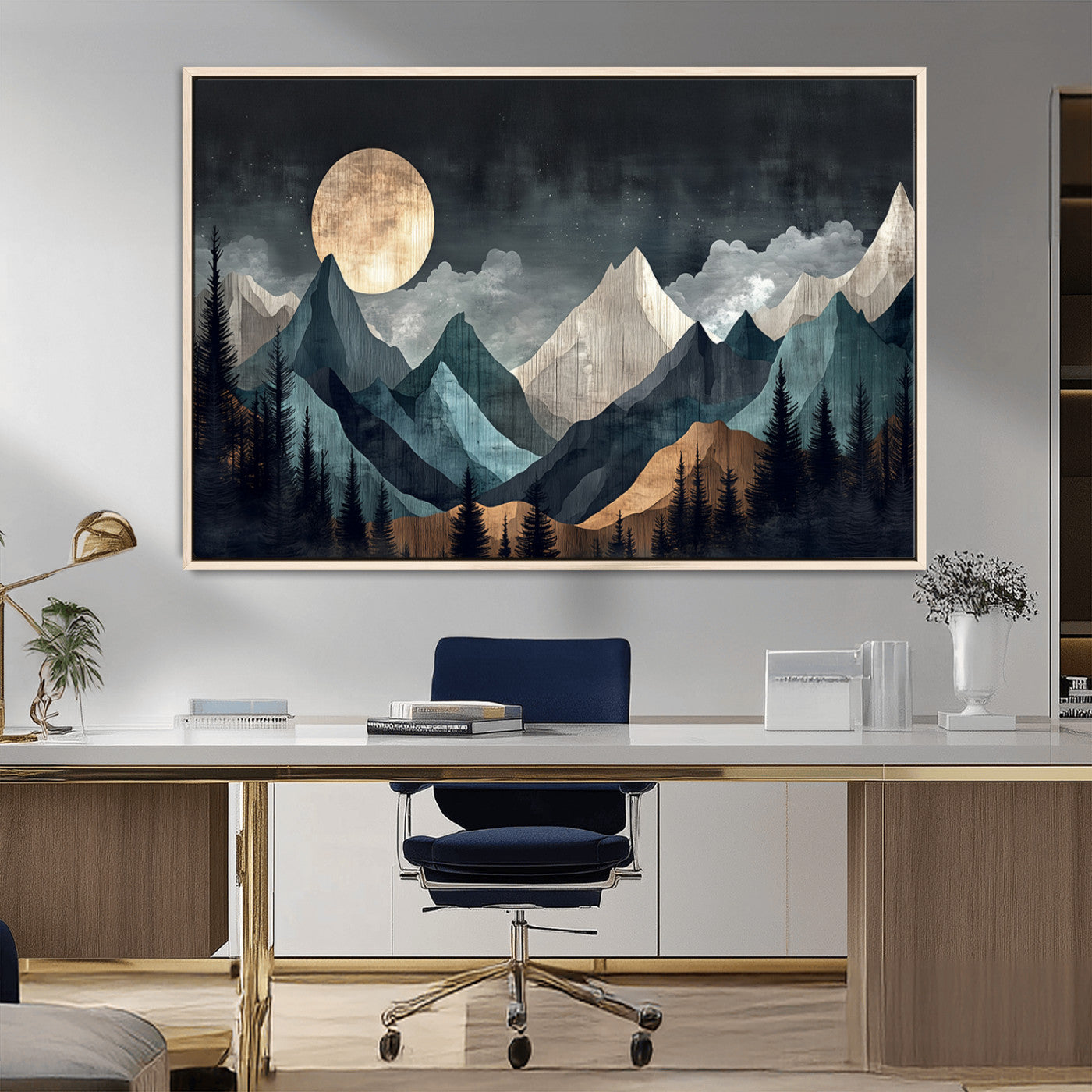 11060882-MGV-CV-36X24-Moonlit Mountains Wall Art Canvas Print, Framed Forest Silhouette Art Picture Print, Night Landscape Perfect Modern Forest Decor
