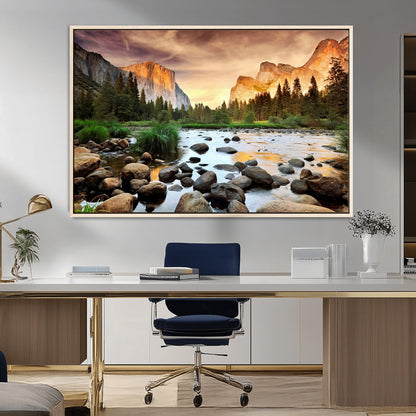 90956031-MGV-CV-36X24-Yosemite Valley Wall Art – Scenic Mountain River Landscape Canvas Print, Nature Photography for Living Room, Bedroom, Cabin,