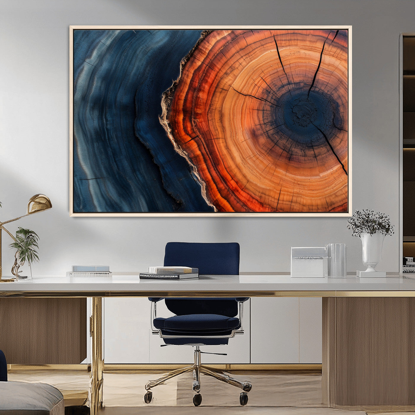 57732250-MGV-CV-36X24-Tree Ring Abstract Wall Art – Blue Orange Wood Grain Canvas Print, Modern Rustic Nature Artwork for Living Room, Office,