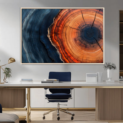 57732250-MGV-CV-36X24-Tree Ring Abstract Wall Art – Blue Orange Wood Grain Canvas Print, Modern Rustic Nature Artwork for Living Room, Office,