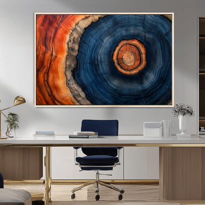 72209152-MGV-FC-36X24_Natural-Abstract Tree Ring Wall Art – Vibrant Blue Orange Wood Grain Canvas Print, Rustic Modern Nature Artwork for Living Room, Office,
