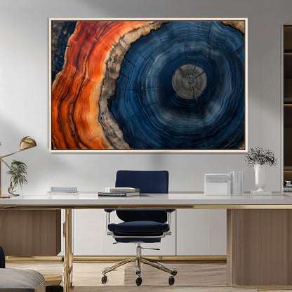 99491700-MGV-FC-36X24_Natural-Tree Ring Canvas Wall Art – Blue Orange Abstract Wood Grain Print, Rustic Modern Nature Artwork for Living Room, Office, Bedroom