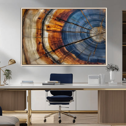 18032999-MGV-CV-36X24-Tree Ring Wall Art – Blue Brown Abstract Wood Slice Canvas Print, Rustic Modern Nature Decor for Living Room, Office, Bedroom or