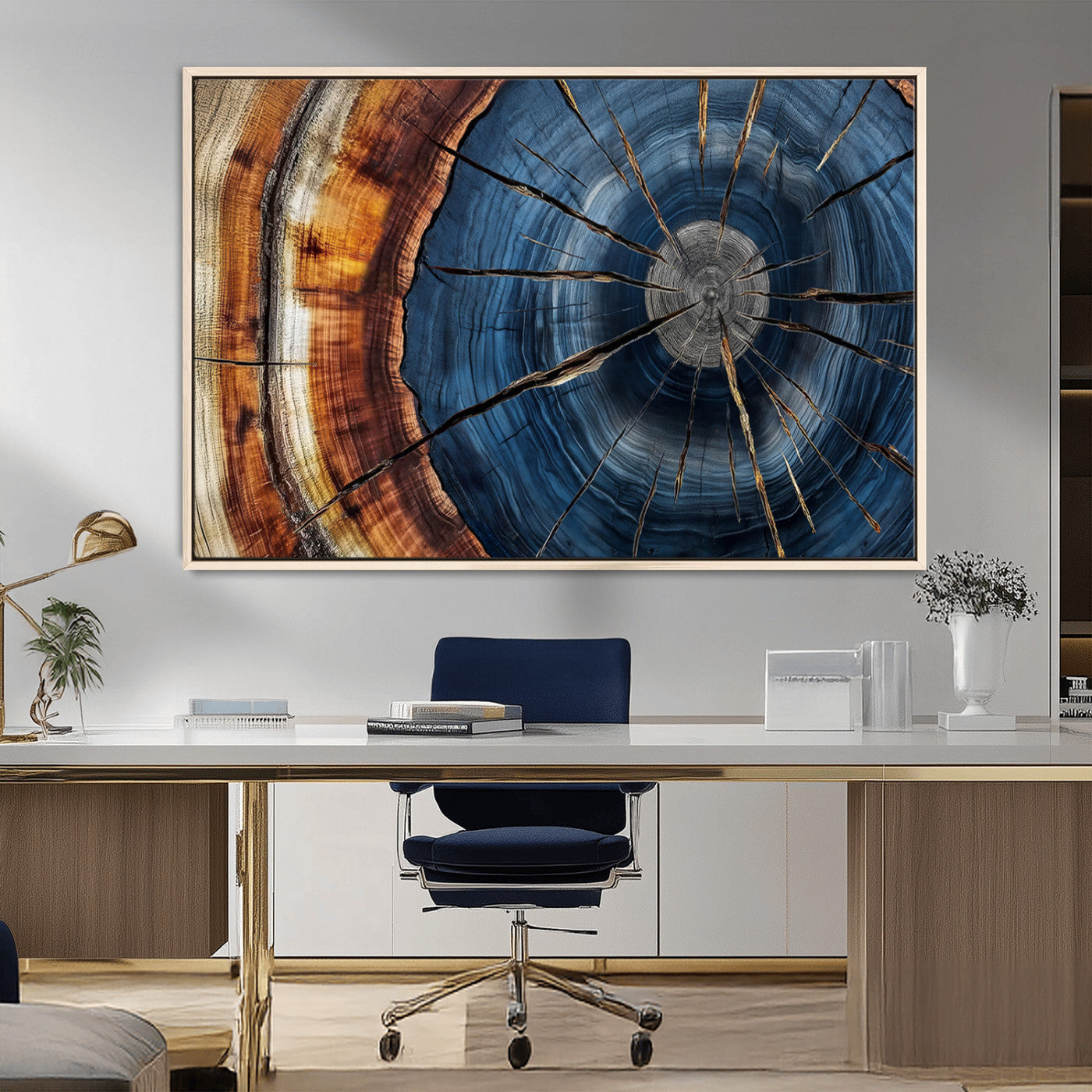 45268471-MGV-FC-36X24_Natural-Blue Tree Ring Wall Art – Rustic Wood Cross Section Canvas Print, Modern Abstract Nature Decor for Living Room, Office, or Cabin