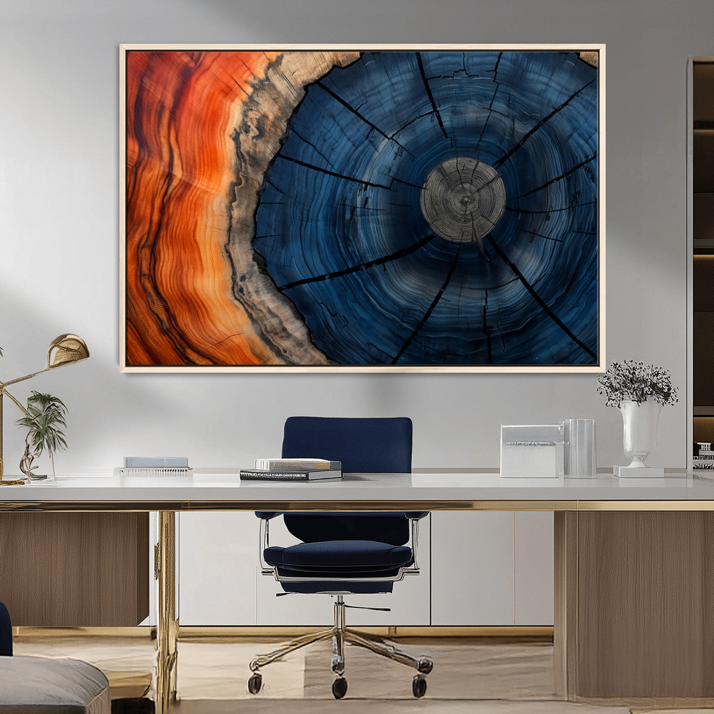 26110607-MGV-FC-36X24_Natural-Blue and Orange Tree Ring Wall Art – Abstract Wood Cross Section Canvas Print, Modern Rustic Nature Decor for Living Room, Office,