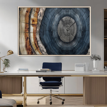 91368647-MGV-FC-36X24_Natural-Smoky Blue Tree Ring Wall Art – Rustic Wood Cross Section Canvas Print, Modern Nature Inspired Decor for Living Room, Office, or