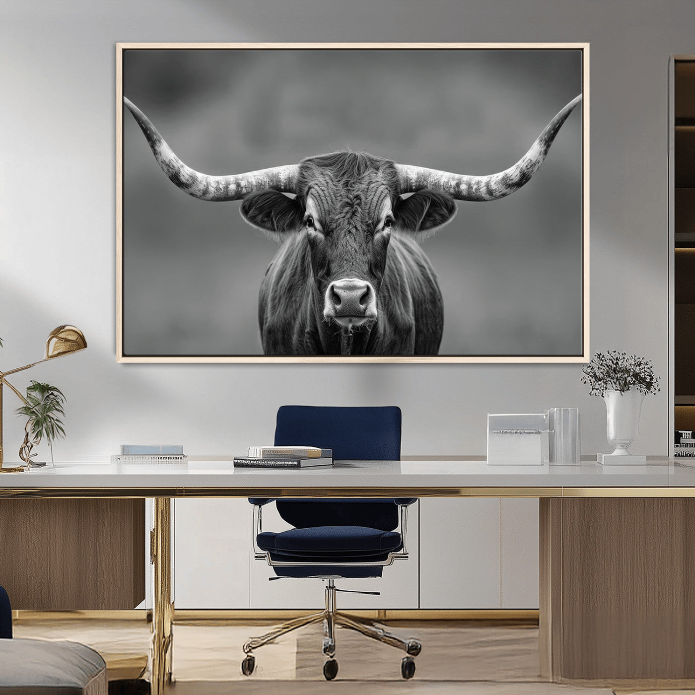 81228550-MGV-FC-36X24_Natural-Framed Texas Longhorn Bull Art Canvas Print, Western Bull Wall Art Print, Long Horn Bull Photo Print for Log Cabin, Large Bull