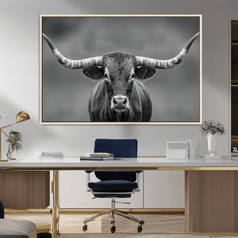 81228550-MGV-FC-36X24_Natural-Framed Texas Longhorn Bull Art Canvas Print, Western Bull Wall Art Print, Long Horn Bull Photo Print for Log Cabin, Large Bull
