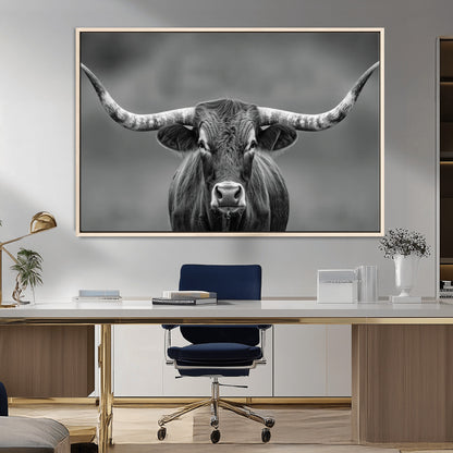 81228550-MGV-FC-36X24_Natural-Framed Texas Longhorn Bull Art Canvas Print, Western Bull Wall Art Print, Long Horn Bull Photo Print for Log Cabin, Large Bull