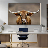 12179171-MGV-CV-36X24-Texas Longhorn Wall Art Canvas Print, Framed Brown Bull Art Picture Print, Lone Cattle Perfect Rustic Western Decor Artwork