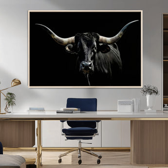 37531960-MGV-CV-36X24-Black Longhorn Bull Wall Art – Dramatic Western Cattle Canvas Print, Rustic Farmhouse Animal Artwork for Living Room, Bedroom,