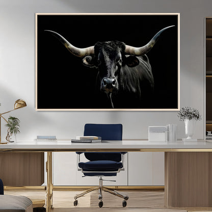 37531960-MGV-CV-36X24-Black Longhorn Bull Wall Art – Dramatic Western Cattle Canvas Print, Rustic Farmhouse Animal Artwork for Living Room, Bedroom,