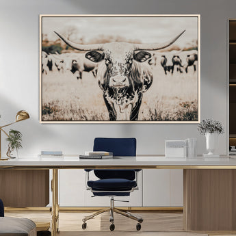 27497342-MGV-FC-36X24_Natural-Texas Longhorn Wall Art Canvas Print, Framed Speckled Cow Art Picture Print, Horned Cattle Perfect Rustic Western Decor Artwork