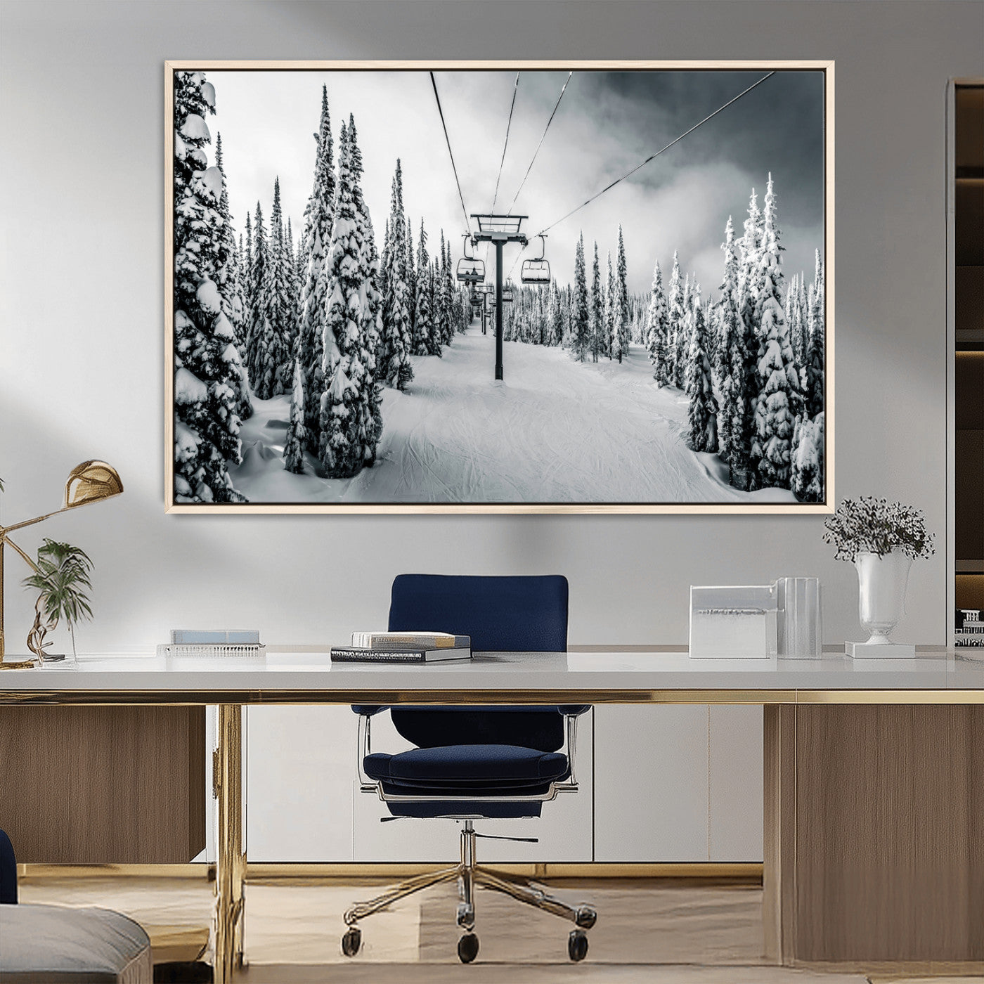 31156828-MGV-CV-36X24-Snowy Pines Wall Art Canvas Print, Framed Ski Lift Art Picture Print, Winter Forest Perfect Moody Lodge Decor Artwork