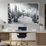 31156828-MGV-FC-36X24_Natural-Snowy Pines Wall Art Canvas Print, Framed Ski Lift Art Picture Print, Winter Forest Perfect Moody Lodge Decor Artwork