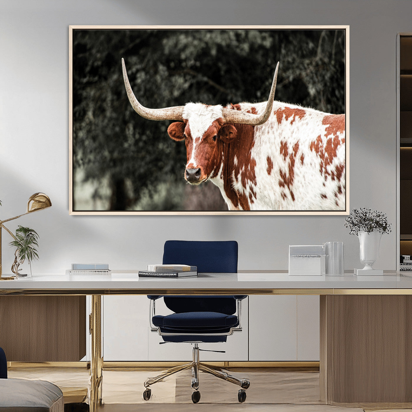 54027638-MGV-FC-36X24_Natural-Texas Longhorn Wall Art Canvas Print, Framed Spotted Cow Art Picture Print, Horned Bull Perfect Rustic Western Decor Artwork