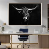 42077175-MGV-FC-36X24_Natural-Texas Longhorn Wall Art Canvas Print, Framed Monochrome Bull Art Picture Print, Horned Bull Perfect Rustic Western Decor Artwork