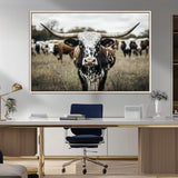 79025945-MGV-CV-36X24-Texas Longhorn Wall Art Canvas Print, Framed Speckled Cow Art Picture Print, Horned Cattle Perfect Rustic Western Decor Artwork
