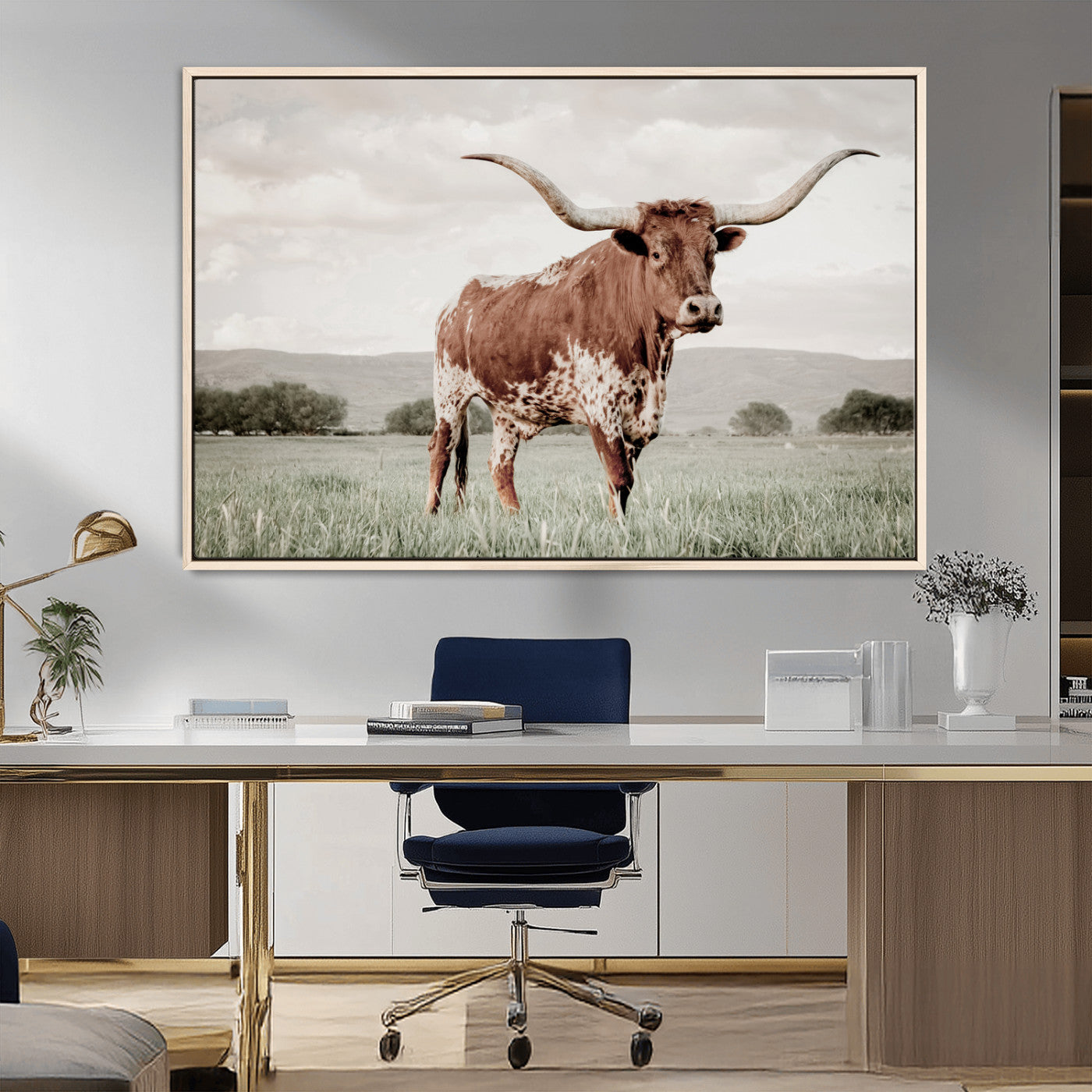 28309012-MGV-FC-36X24_Natural-Texas Longhorn Wall Art Canvas Print, Framed Spotted Cattle Art Picture Print, Horned Bull Perfect Rustic Western Decor Artwork