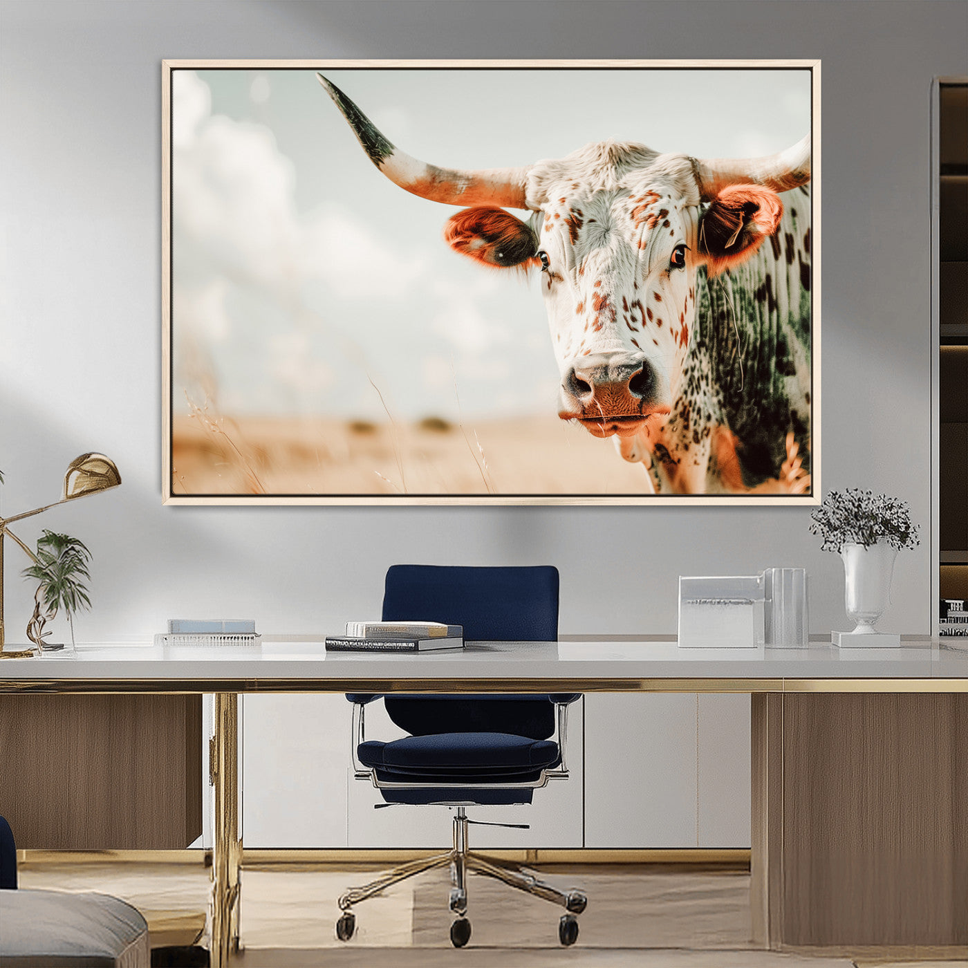 72766375-MGV-CV-36X24-Texas Longhorn Wall Art Canvas Print, Framed Spotted Cow Art Picture Print, Horned Cattle Perfect Rustic Western Decor Artwork