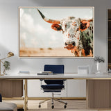 72766375-MGV-CV-36X24-Texas Longhorn Wall Art Canvas Print, Framed Spotted Cow Art Picture Print, Horned Cattle Perfect Rustic Western Decor Artwork