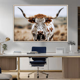 76294381-MGV-FC-36X24_Natural-Texas Longhorn Wall Art Canvas Print, Framed Spotted Cow Art Picture Print, Horned Cattle Perfect Rustic Western Decor Artwork