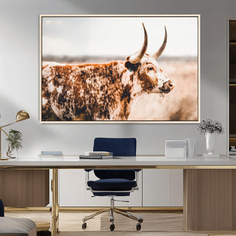 11528295-MGV-CV-36X24-Speckled Longhorn Wall Art Canvas Print, Framed Texas Cattle Art Picture Print, Horned Cow Perfect Rustic Western Decor Artwork