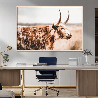 11528295-MGV-CV-36X24-Speckled Longhorn Wall Art Canvas Print, Framed Texas Cattle Art Picture Print, Horned Cow Perfect Rustic Western Decor Artwork