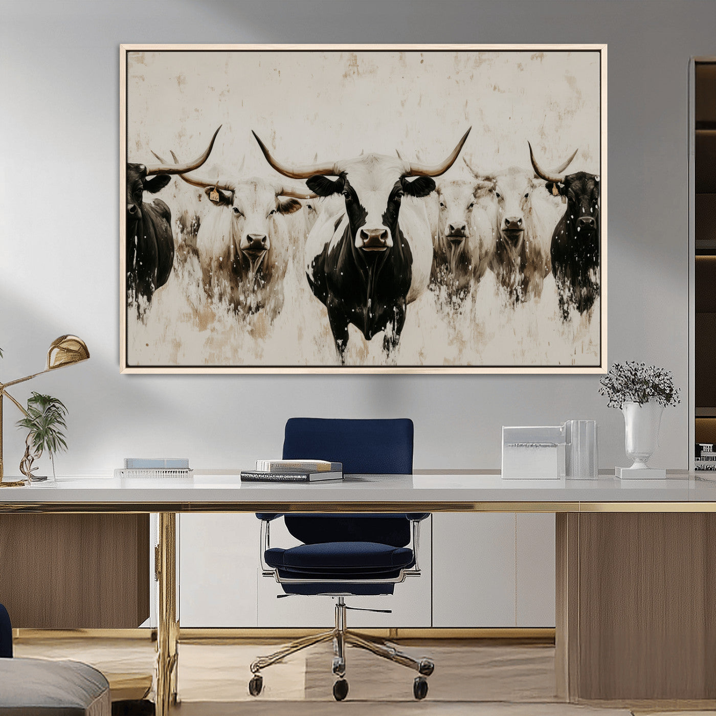 12027562-MGV-FC-36X24_Natural-Longhorn Cattle Wall Art Canvas Print, Framed Bison Herd Art Picture Print, Cattle Group Perfect Rustic Farmhouse Decor Artwork