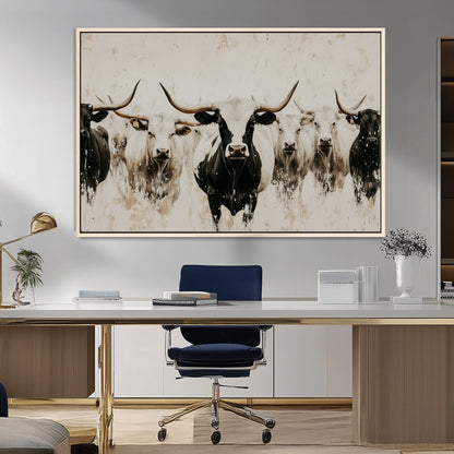12027562-MGV-FC-36X24_Natural-Longhorn Cattle Wall Art Canvas Print, Framed Bison Herd Art Picture Print, Cattle Group Perfect Rustic Farmhouse Decor Artwork