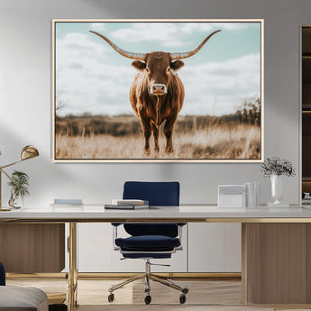 39350715-MGV-FC-36X24_Natural-Texas Longhorn Wall Art Canvas Print, Framed Longhorn Cow Art Picture Print, Western Cattle Perfect Rustic Western Decor Artwork