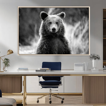 MGV-FC-36X24 - Grizzly Bear Wall Art Canvas Print, Framed Black White Bear Art Picture Print, Wild Bear Perfect Rustic Wildlife Decor Artwork