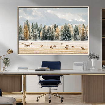 64188182-MGV-CV-36X24-Elk Herd Wall Art Canvas Print, Framed Snowy Forest Art Picture Print, Forest Elks Perfect Neutral Rustic Decor Artwork