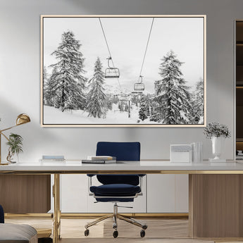 55003599-MGV-CV-36X24-Snowy Ski Lift Wall Art Canvas Print, Framed Winter Forest Art Picture Print, Ski lift Ride Perfect Winter Lodge Decor Artwork