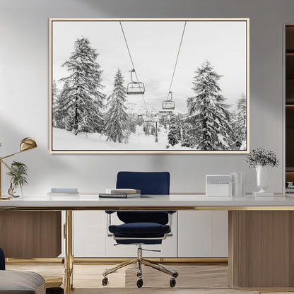 55003599-MGV-CV-36X24-Snowy Ski Lift Wall Art Canvas Print, Framed Winter Forest Art Picture Print, Ski lift Ride Perfect Winter Lodge Decor Artwork