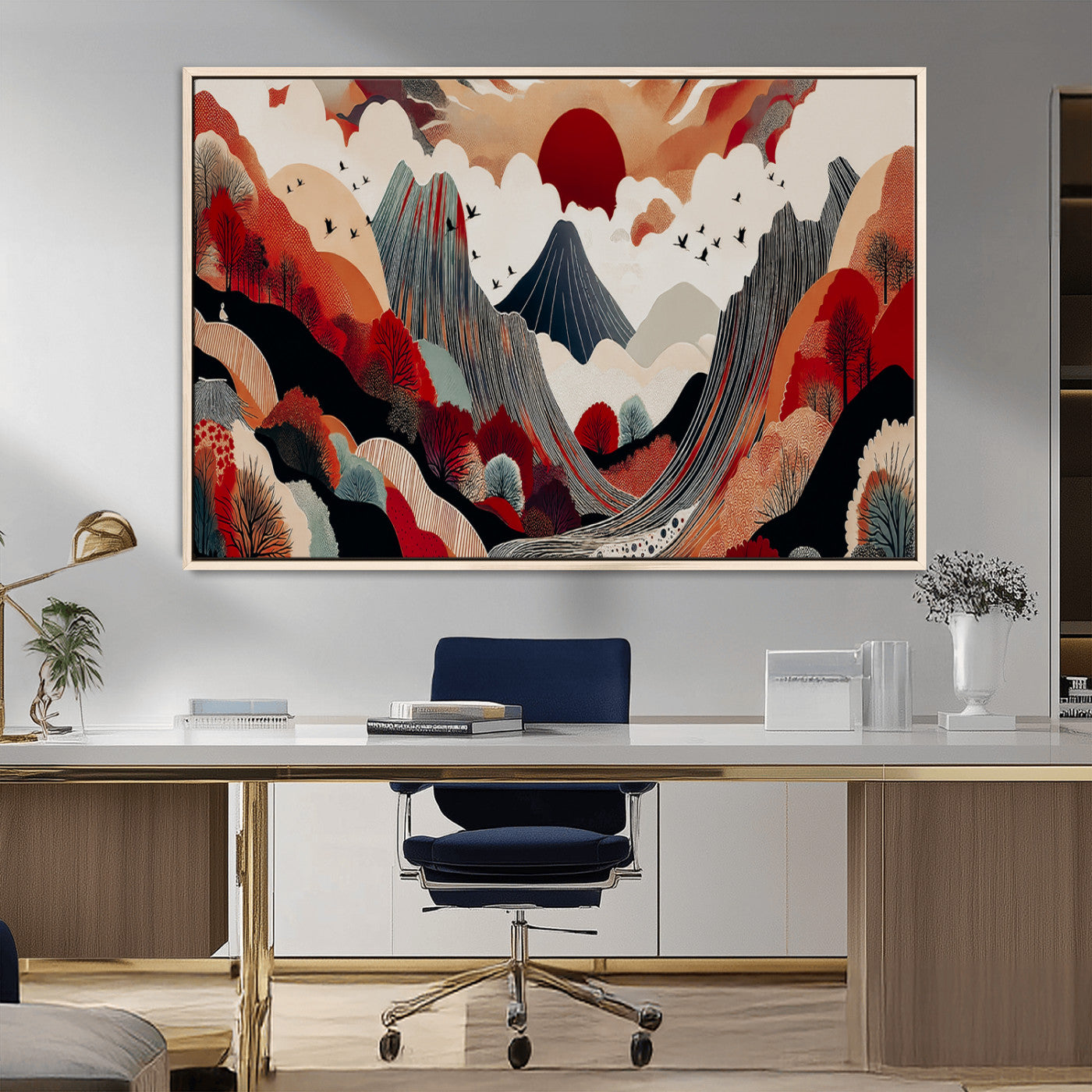 59495752-MGV-FC-36X24_Natural-Abstract Mountain Wall Art Canvas Print, Framed Vibrant Landscape Art Picture Print, Nature Drawing Perfect Contemporary