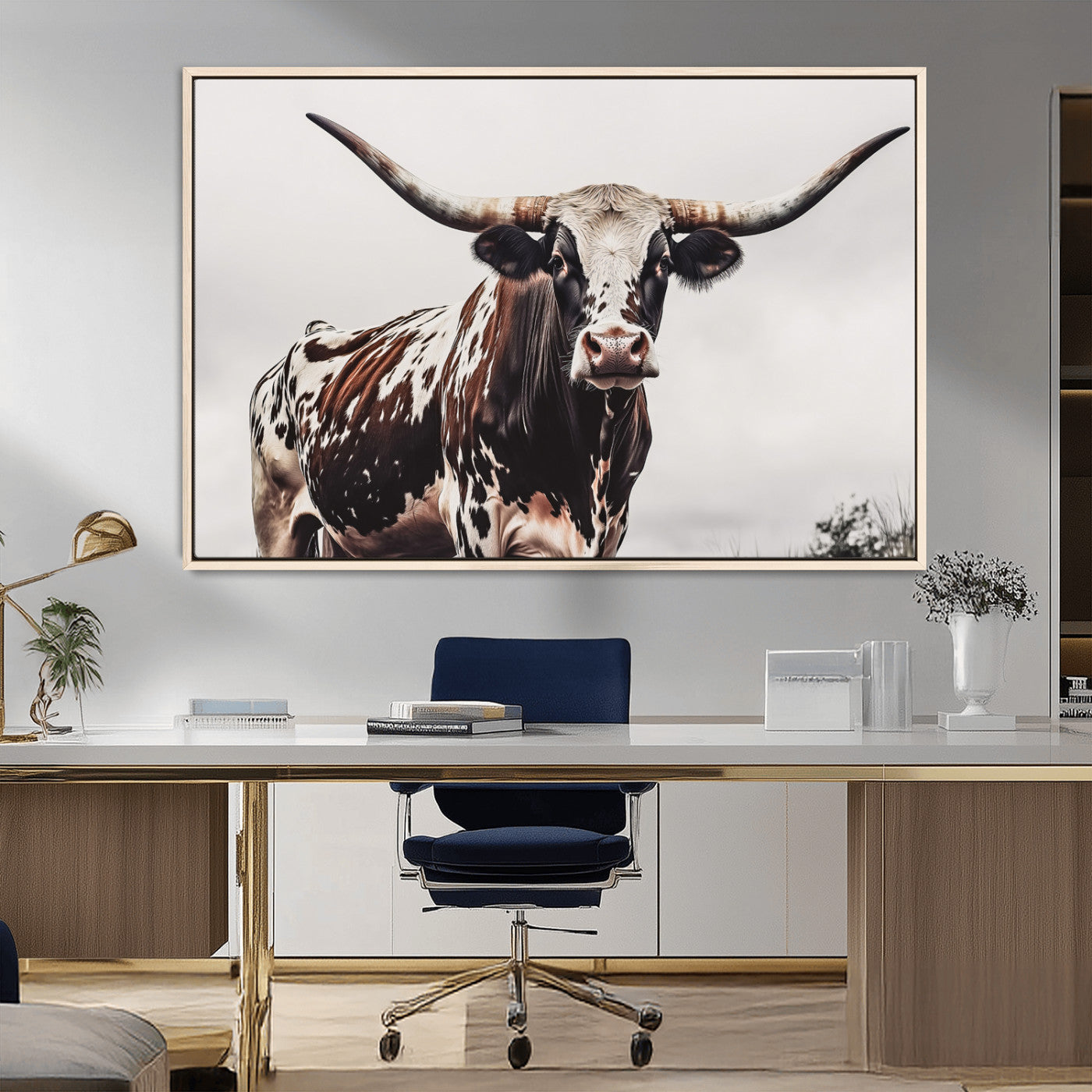 95249234-MGV-FC-36X24_Natural-Texas Longhorn Wall Art Canvas Print, Framed Spotted Bull Art Picture Print, Horned Cattle Perfect Rustic Farmhouse Decor Artwork