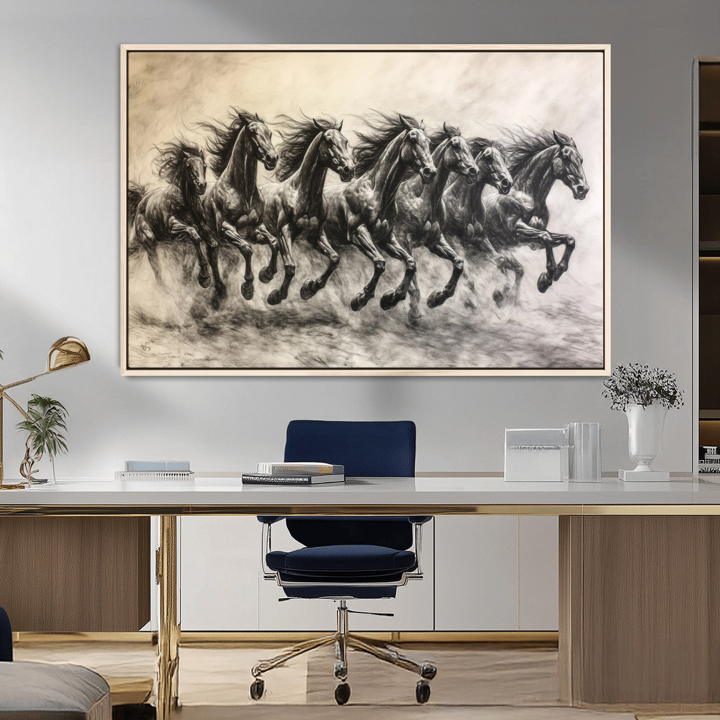 56089591-MGV-CV-36X24-Galloping Horses Wall Art Canvas Print, Framed Wild Stallions Art Picture Print, Horse Herd Sketch Perfect Monochrome Dynamic