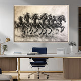 56089591-MGV-CV-36X24-Galloping Horses Wall Art Canvas Print, Framed Wild Stallions Art Picture Print, Horse Herd Sketch Perfect Monochrome Dynamic