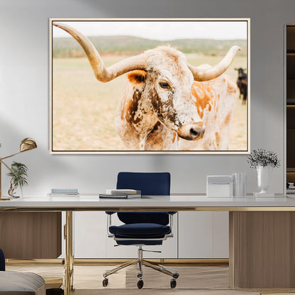 21060648-MGV-FC-36X24_Natural-Texas Longhorn Wall Art Canvas Print, Framed Speckled Cow Art Picture Print, Rustic Bull Perfect Rustic Western Decor Artwork