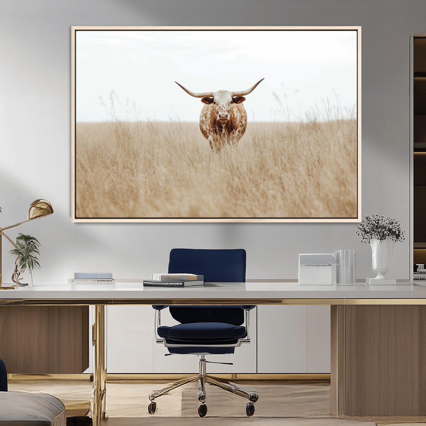20927060-MGV-CV-36X24-Texas Longhorn Wall Art Canvas Print, Framed Lone Cattle Art Picture Print, Longhorn Bull Perfect Rustic Western Decor Artwork