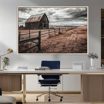 73898372-MGV-CV-36X24-Rustic Barn Wall Art Canvas Print, Framed Moody Field Art Picture Print, Weathered Fence Perfect Moody Farmhouse Decor Artwork