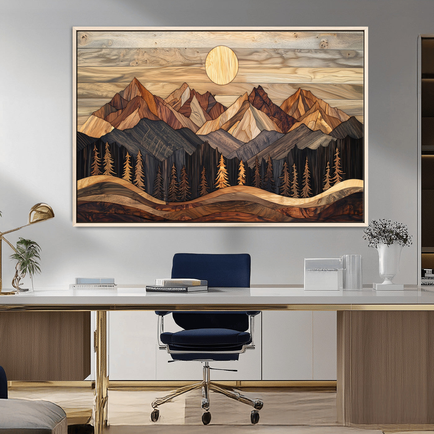 50100230-MGV-CV-36X24-Wooden Mountain Wall Art – Rustic Nature Landscape Canvas Print, Handmade Style Sun, Forest, and Peaks Artwork for Living Room,