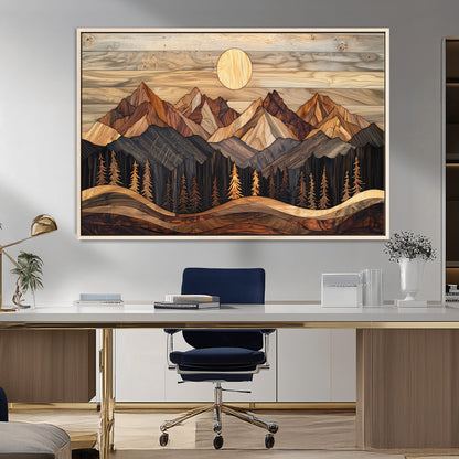 50100230-MGV-CV-36X24-Wooden Mountain Wall Art – Rustic Nature Landscape Canvas Print, Handmade Style Sun, Forest, and Peaks Artwork for Living Room,