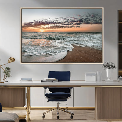 40632752-MGV-FC-36X24_Natural-Ocean Sunset Wall Art Canvas Print, Framed Beach Waves Art Picture Print, Coastal Scene Perfect Coastal Decor Artwork