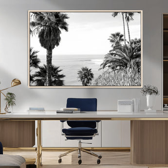 89458520-MGV-FC-36X24_Natural-Palm Trees Wall Art Canvas Print, Framed Coastal View Art Picture Print, Ocean Horizon Perfect Monochrome Coast Decor Artwork