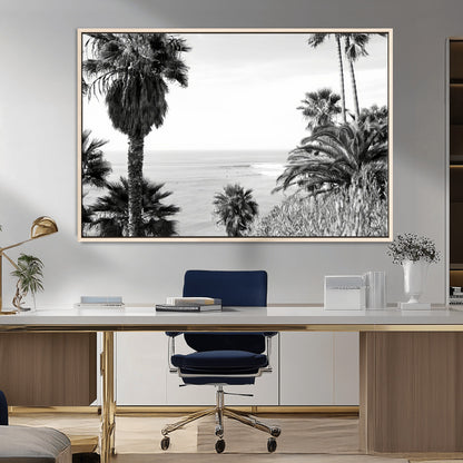 89458520-MGV-FC-36X24_Natural-Palm Trees Wall Art Canvas Print, Framed Coastal View Art Picture Print, Ocean Horizon Perfect Monochrome Coast Decor Artwork