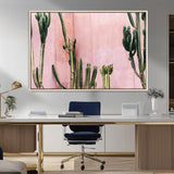 93119502-MGV-FC-36X24_Natural-Tall Cactus Wall Art Canvas Print, Framed Pink Wall Art Picture Print, Cactus Lines Perfect Modern Desert Decor Artwork