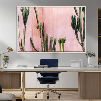 93119502-MGV-FC-36X24_Natural-Tall Cactus Wall Art Canvas Print, Framed Pink Wall Art Picture Print, Cactus Lines Perfect Modern Desert Decor Artwork