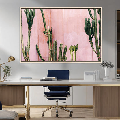 93119502-MGV-FC-36X24_Natural-Tall Cactus Wall Art Canvas Print, Framed Pink Wall Art Picture Print, Cactus Lines Perfect Modern Desert Decor Artwork